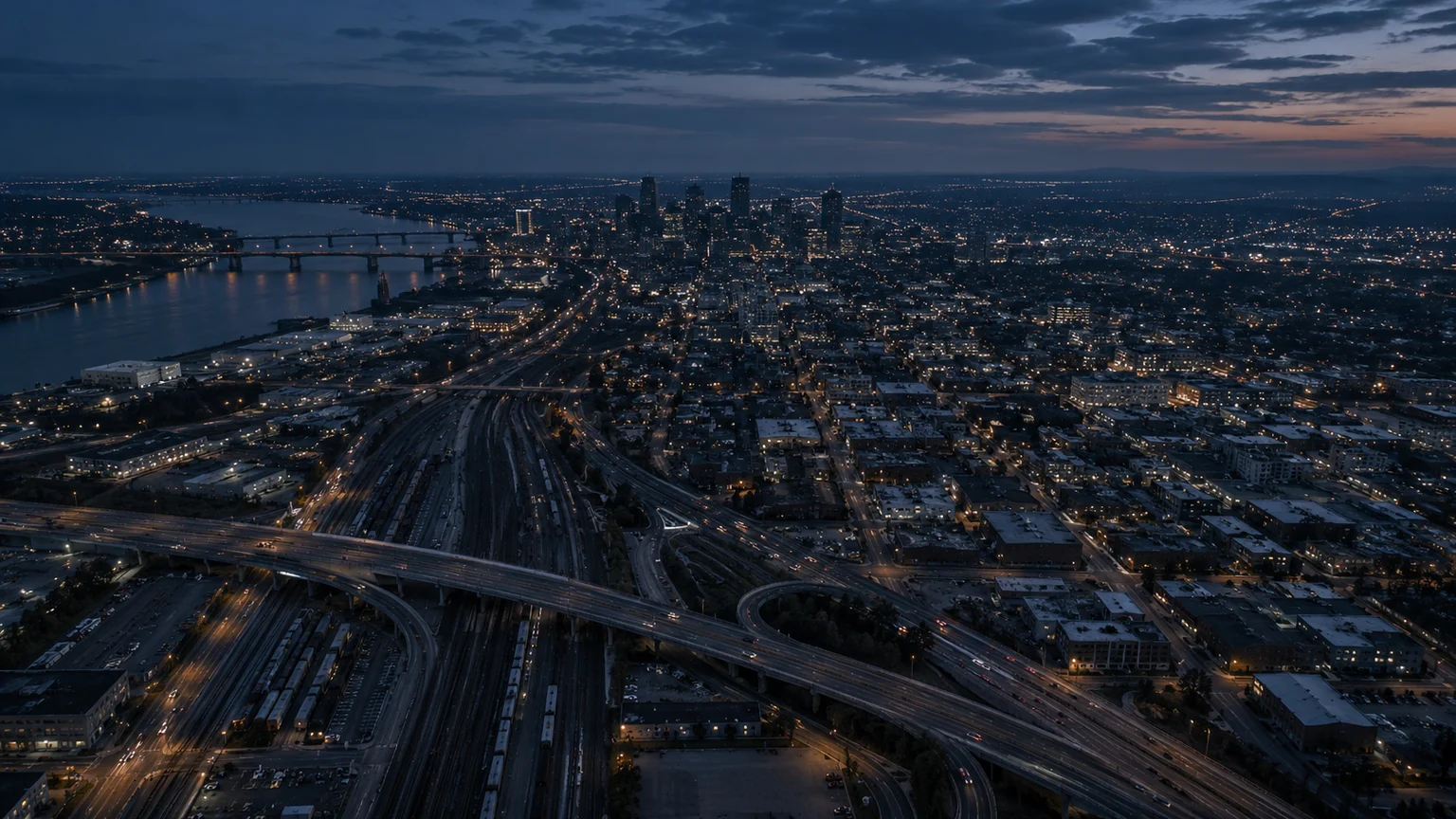 Illustrative city infrastructure at dusk