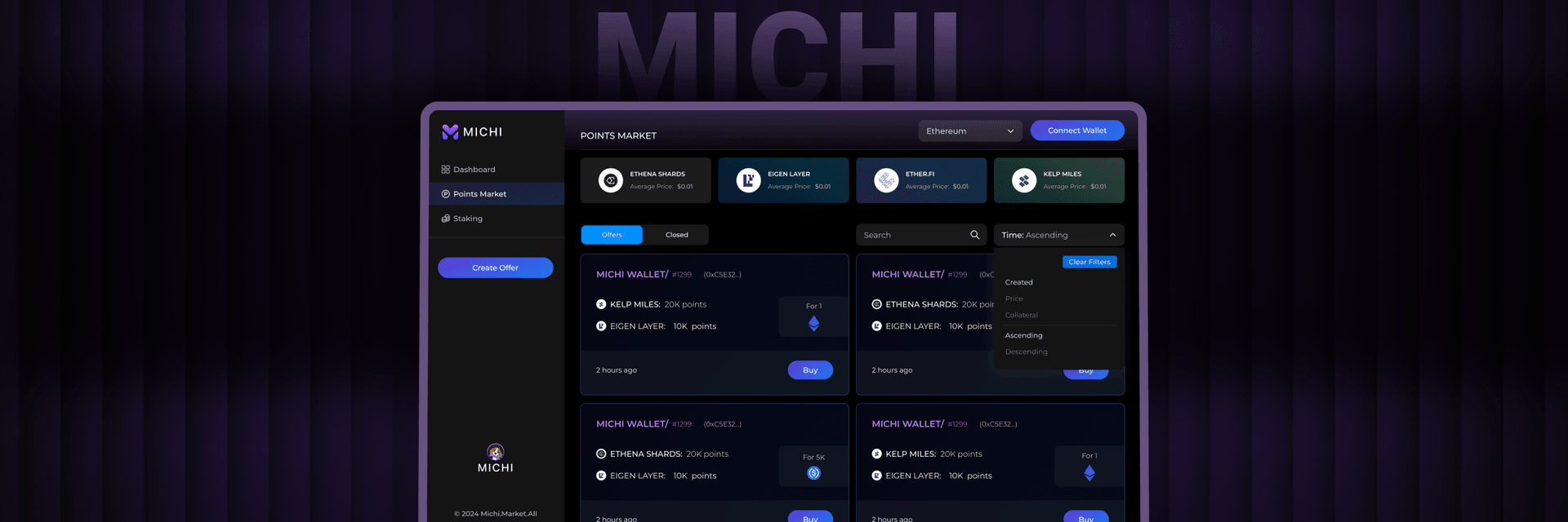 Michi digital asset marketplace interface